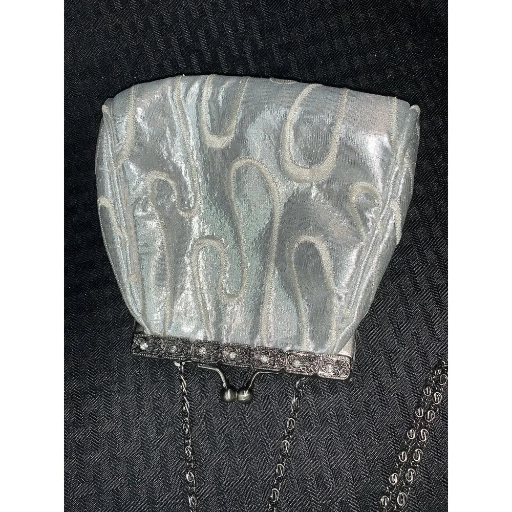 Purse Evening Bag Vintage Silver Embroidered Rhinestones Prom Wedding Formal - Picture 9 of 16
